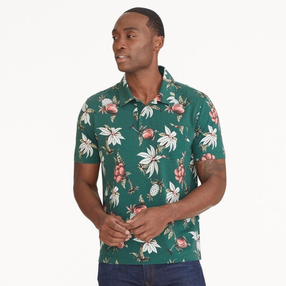 UNTUCKit Printed Pique Green Floral Short-Sleeve Polo Shirt